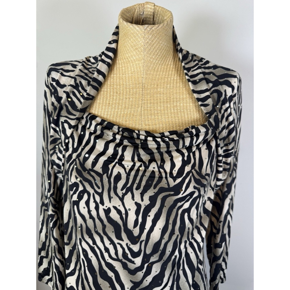 Vintage Y2k 90s Slinky Cowl Neck 3/4 Sleeve Top Zebra Animal Bling Sparkle Large